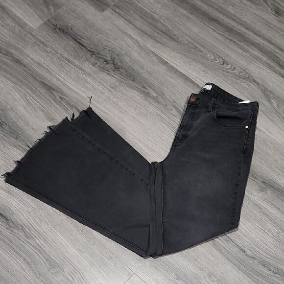 Black Washed Unpublished Raw Hem Flare Jeans - Picture 1 of 8